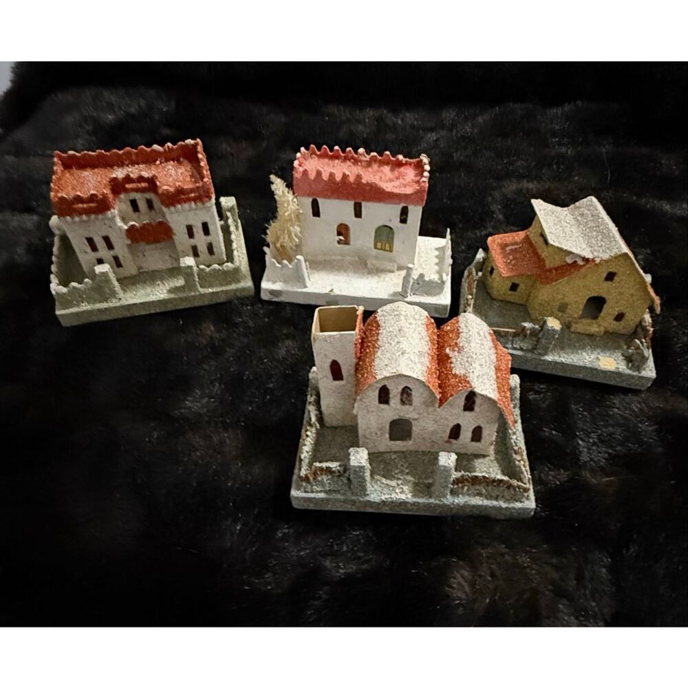 VTG Cardboard Putz Christmas Village Frosted Collectible Diorama Japan 4 pieces